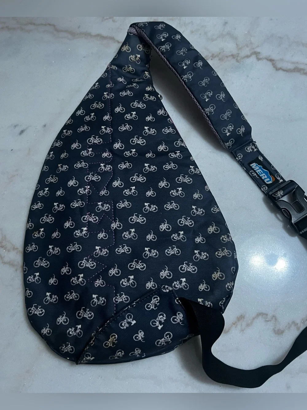 Meru Blue Canvas Sling Bag Cute Bicycle Print  Needs Cleaned See Pics.